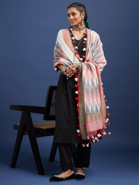Taavi Ikkat Printed Pom Pom Edgings Dupatta