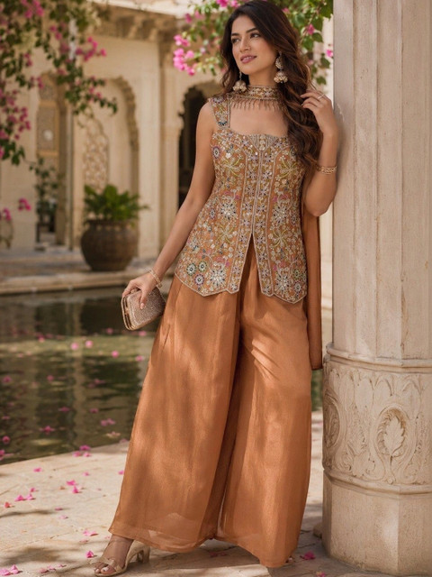 Sangria Women Ethnic Motifs Embroidered Angrakha Kurti with Palazzos & With Dupatta - Image 5