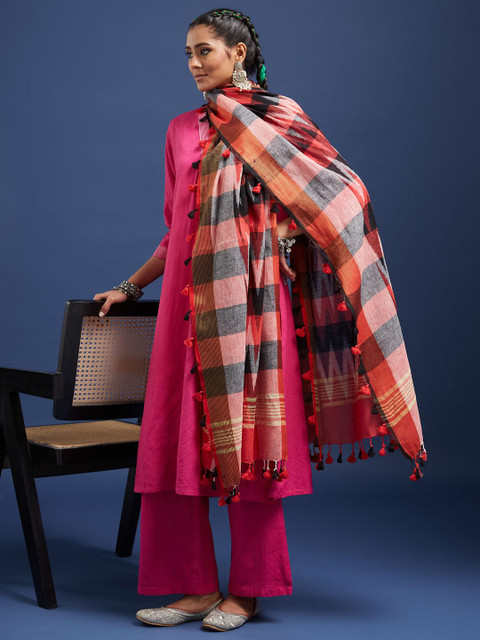 Taavi Ikat Woven Design Pom Pom Edgings Dupatta - Image 3