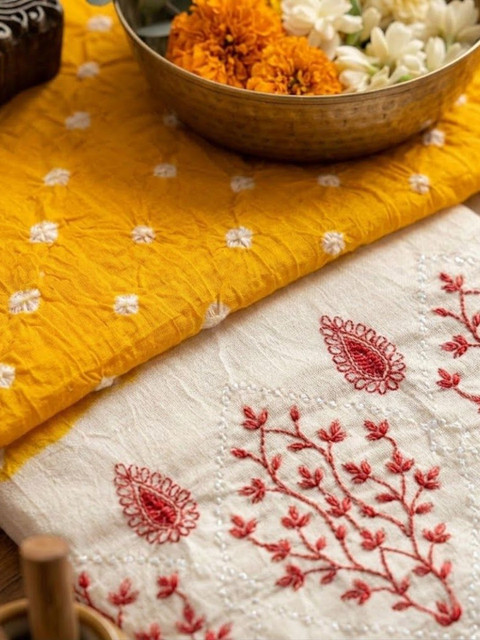 Madhuri Creation bandhani Embellished Mirror Work Pure Cotton Unstitched Dress Material - Image 4