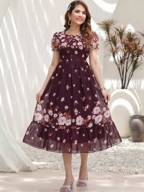 QENA Floral Print Puff Sleeve Ruffled Georgette A-Line Midi Dress