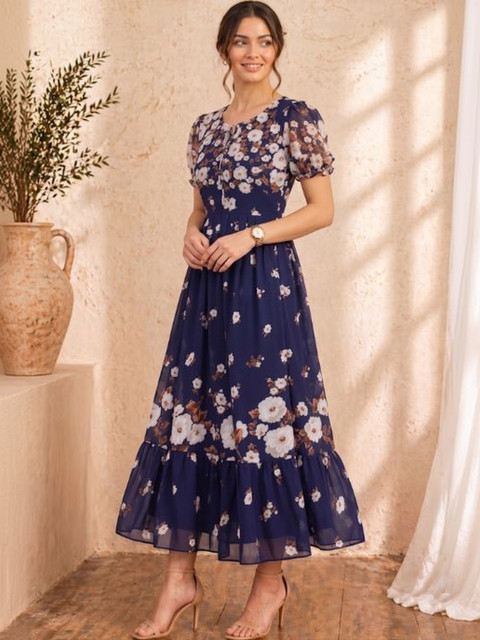 QENA Floral Print Puff Sleeve Ruffled Georgette A-Line Maxi Dress - Image 4