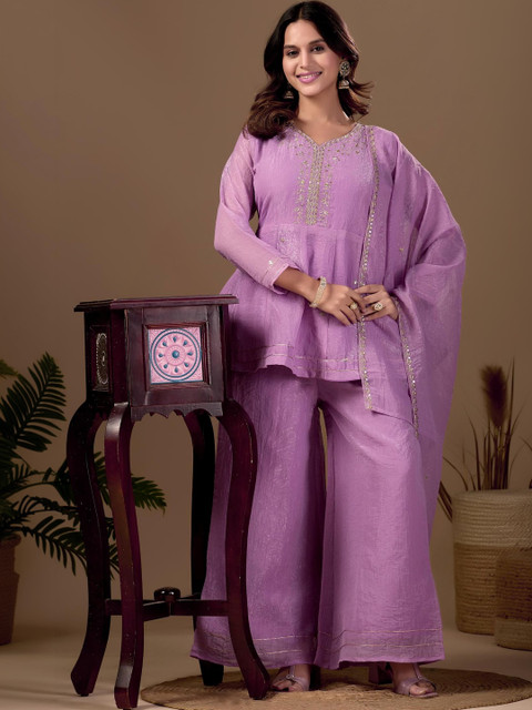 HERE&NOW Ethnic Motifs Embroidered Regular Thread Work Kurta with Palazzos & With Dupatta