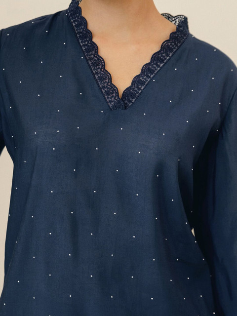 Skylee Embellished Navy Blue Short Straight Kurta With Farshi Salwar Set - Image 4