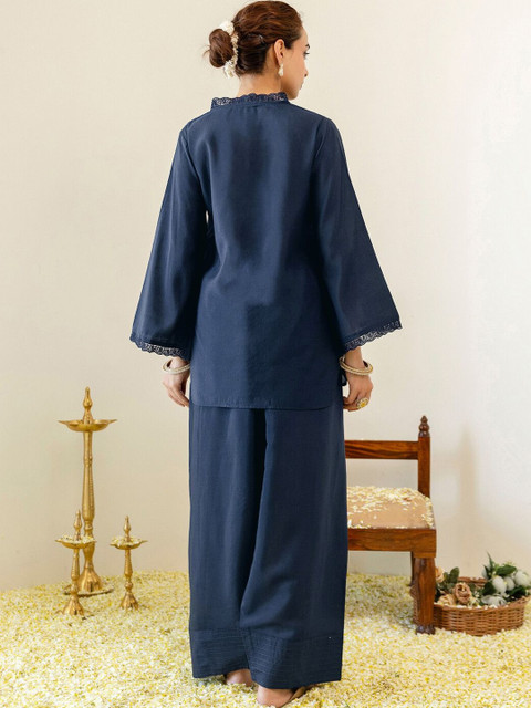 Skylee Embellished Navy Blue Short Straight Kurta With Farshi Salwar Set - Image 3
