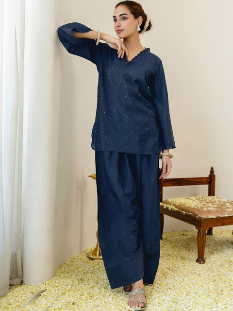 Skylee Embellished Navy Blue Short Straight Kurta With Farshi Salwar Set - Image 5