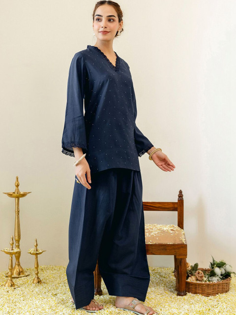 Skylee Embellished Navy Blue Short Straight Kurta With Farshi Salwar Set - Image 6