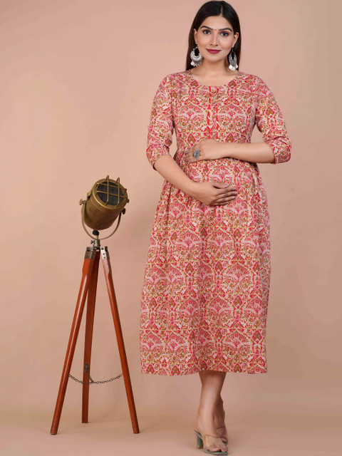 Indiwest Ethnic Motifs Print Maternity A-Line Midi Dress