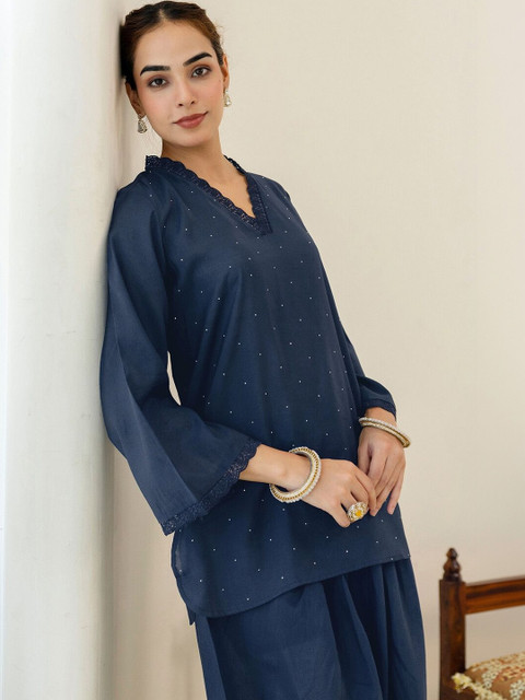 Skylee Embellished Navy Blue Short Straight Kurta With Farshi Salwar Set - Image 2