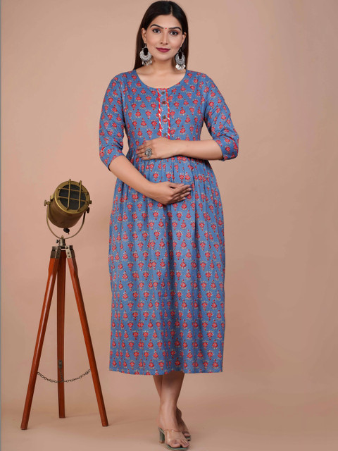 Indiwest Floral Print Maternity A-Line Midi Dress