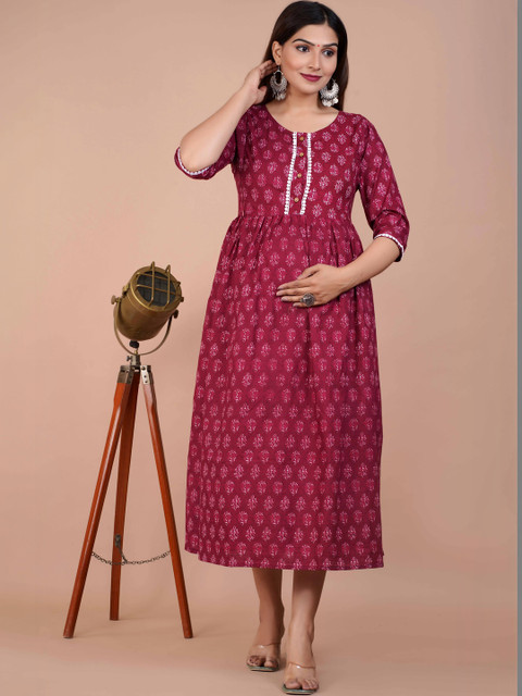 Indiwest Ethnic Motifs Print Maternity A-Line Midi Dress