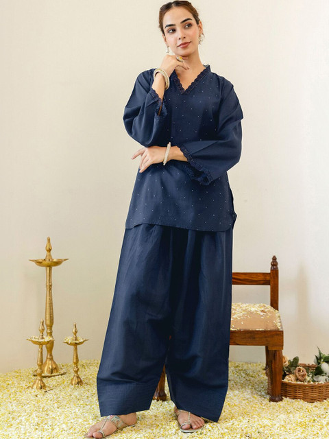 Skylee Embellished Navy Blue Short Straight Kurta With Farshi Salwar Set - Image 7
