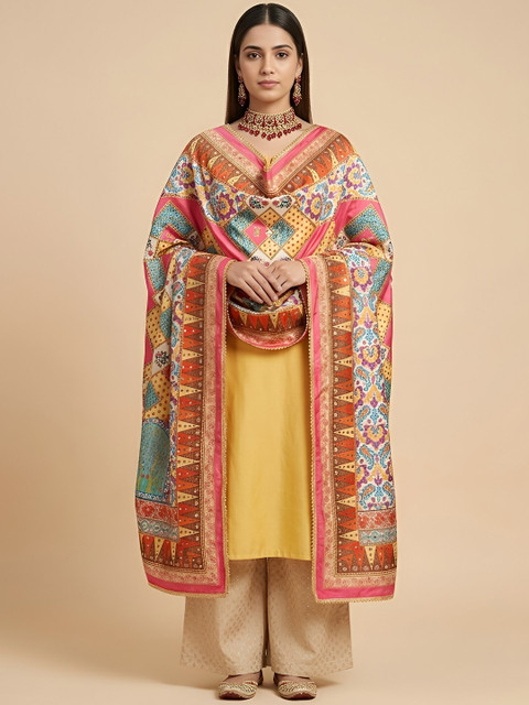 MUFFLY Ethnic Motifs Printed Chinon Dupatta with Mirror Work