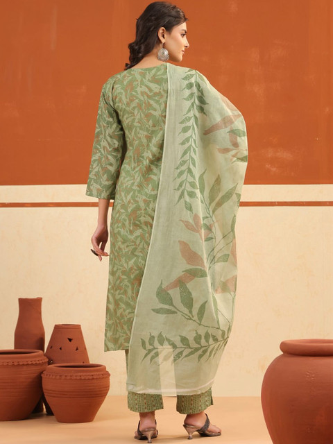 Sangria Printed Pure Cotton Round Neck Kurta & Trousers With Dupatta - Image 5