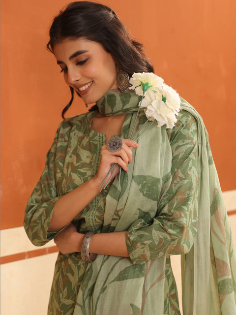 Sangria Printed Pure Cotton Round Neck Kurta & Trousers With Dupatta - Image 2