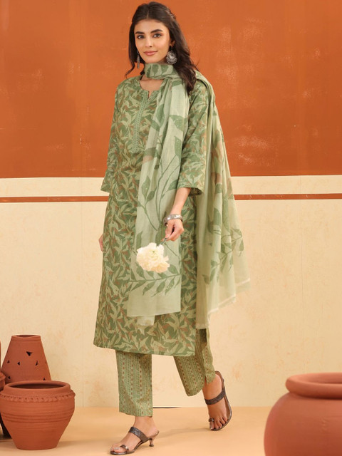 Sangria Printed Pure Cotton Round Neck Kurta & Trousers With Dupatta - Image 4