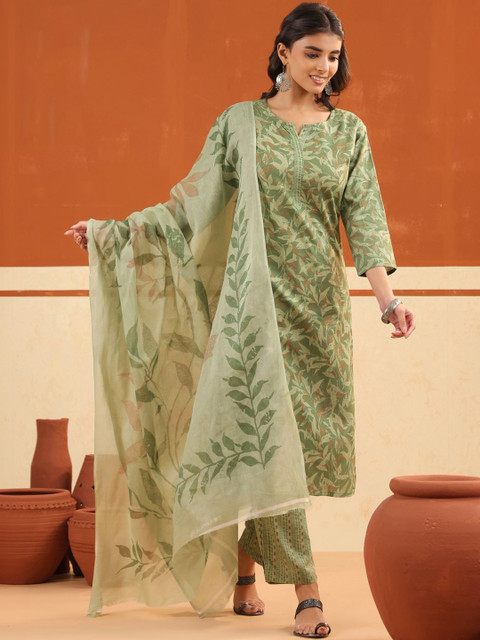 Sangria Printed Pure Cotton Round Neck Kurta & Trousers With Dupatta - Image 3