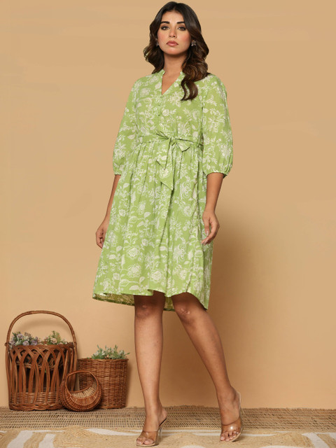 HERE&NOW Green Floral Printed Cotton Bell Sleeve Dress
