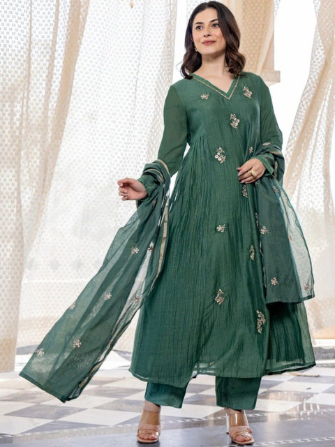 Anushansa Women Embroidered Regular Pure Silk Kurta with Trousers & With Dupatta