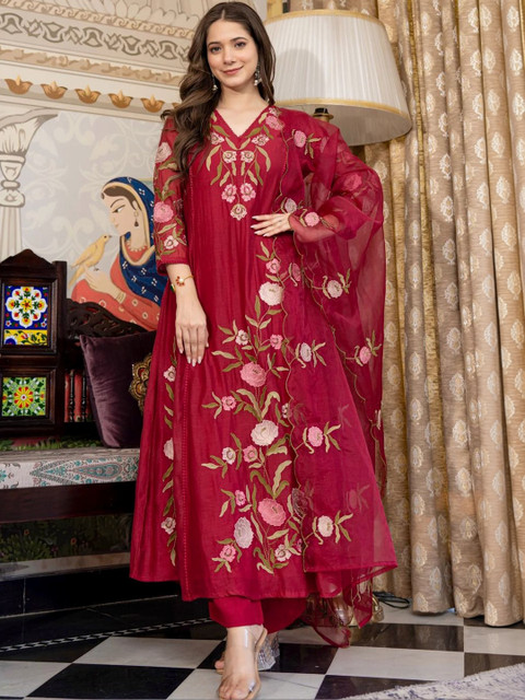 Anushansa Women Embroidered Regular Chanderi Silk Kurta with Trousers & With Dupatta