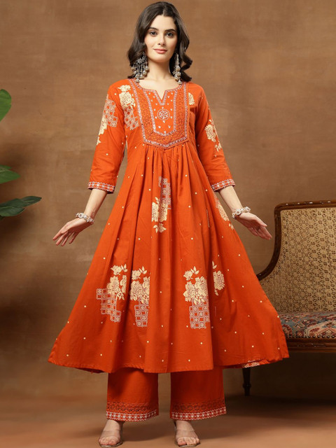Sangria Printed Pure Cotton Round Neck Kurta & Palazzos With Dupatta - Image 6