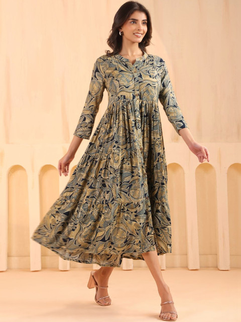 Sangria Printed Mandarin Collar Fit & Flare Midi Dresses