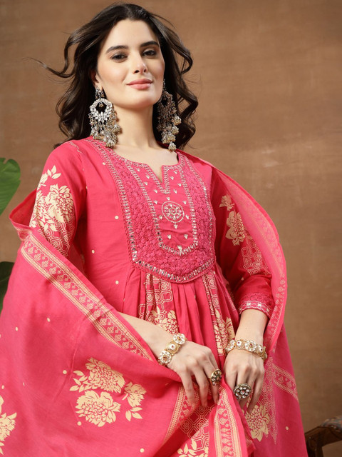 Sangria Printed Pure Cotton Round Neck Kurta & Palazzos With Dupatta