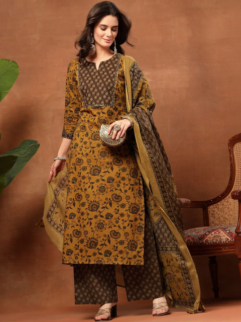 Sangria Printed Pure Cotton Round Neck Kurta & Palazzos With Dupatta