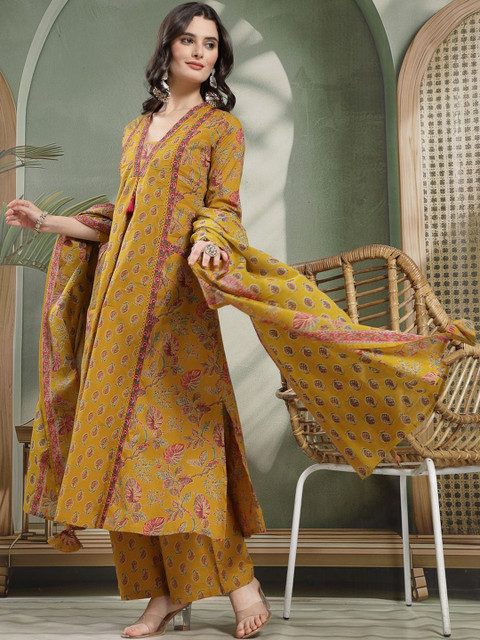 Sangria Printed Pure Cotton V-Neck Kurta & Palazzos With Dupatta - Image 3