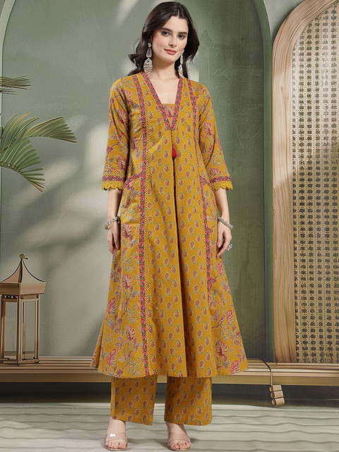 Sangria Printed Pure Cotton V-Neck Kurta & Palazzos With Dupatta - Image 6