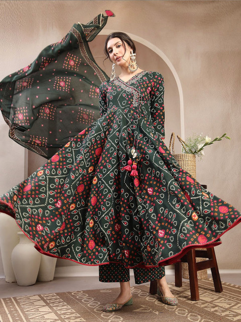 Sangria Printed Cotton V-Neck Kurta & Palazzos With Dupatta