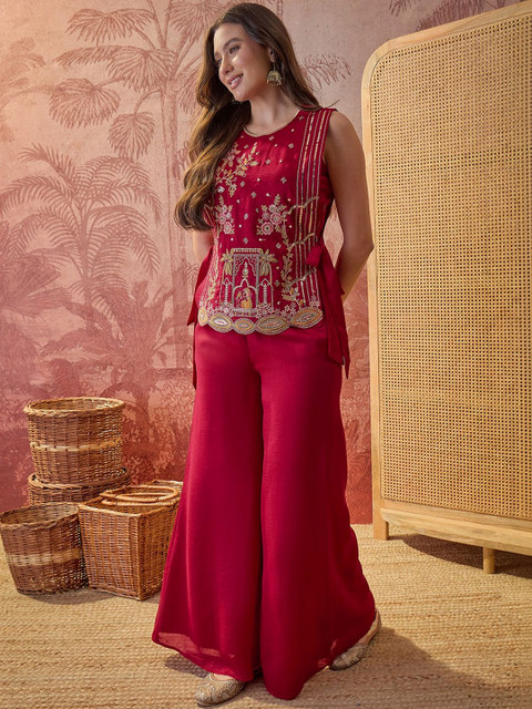 Sangria Florals Embroidered Top with Palazzos & Waistcoat - Image 6