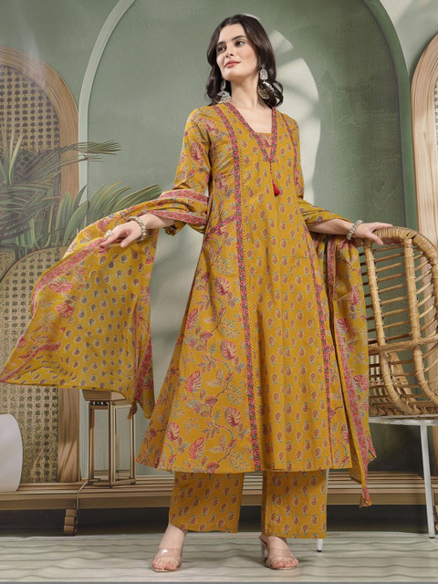 Sangria Printed Pure Cotton V-Neck Kurta & Palazzos With Dupatta - Image 2