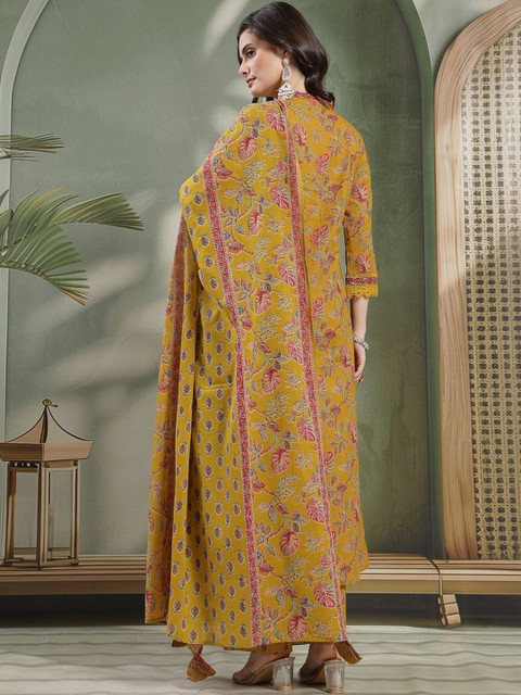 Sangria Printed Pure Cotton V-Neck Kurta & Palazzos With Dupatta - Image 7