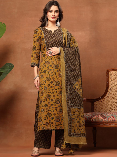 Sangria Printed Pure Cotton Round Neck Kurta & Palazzos With Dupatta - Image 3