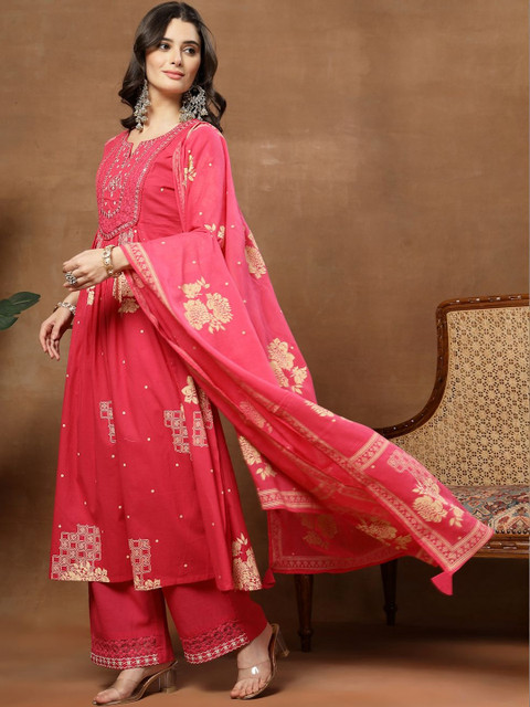 Sangria Printed Pure Cotton Round Neck Kurta & Palazzos With Dupatta - Image 3