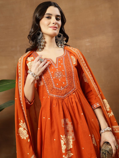 Sangria Printed Pure Cotton Round Neck Kurta & Palazzos With Dupatta