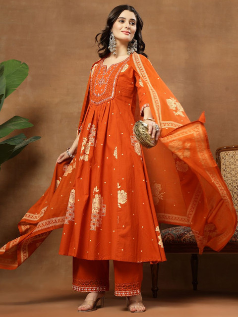 Sangria Printed Pure Cotton Round Neck Kurta & Palazzos With Dupatta - Image 2