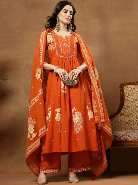 Sangria Printed Pure Cotton Round Neck Kurta & Palazzos With Dupatta - Image 3
