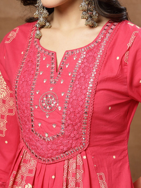 Sangria Printed Pure Cotton Round Neck Kurta & Palazzos With Dupatta - Image 5