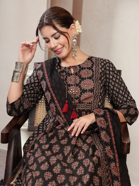 Sangria Printed Pure Cotton Keyhole Neck Kurta & Palazzos With Dupatta