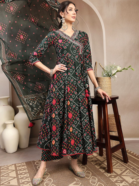 Sangria Printed Cotton V-Neck Kurta & Palazzos With Dupatta - Image 2