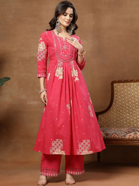 Sangria Printed Pure Cotton Round Neck Kurta & Palazzos With Dupatta - Image 6