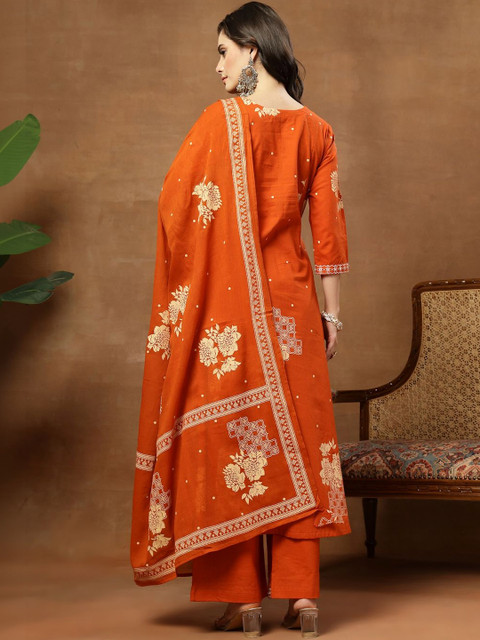 Sangria Printed Pure Cotton Round Neck Kurta & Palazzos With Dupatta - Image 7