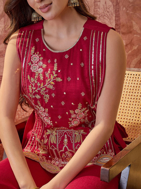 Sangria Florals Embroidered Top with Palazzos & Waistcoat - Image 2
