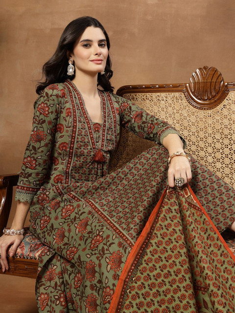 Sangria Printed Pure Cotton V-Neck Kurta & Palazzos With Dupatta