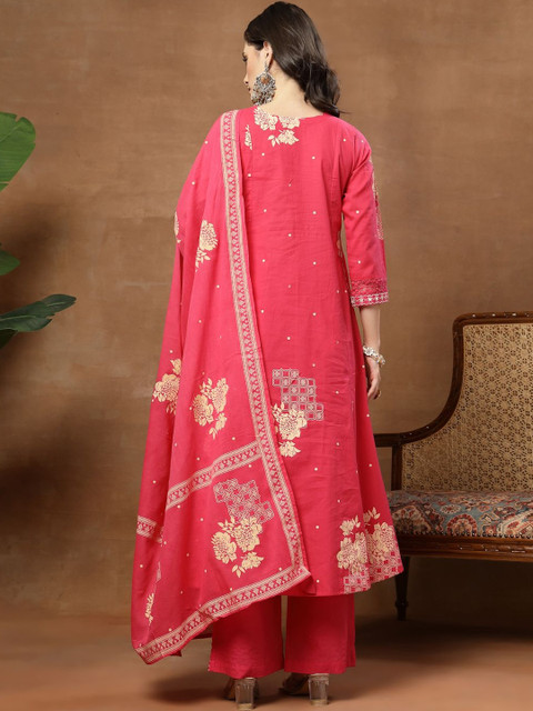Sangria Printed Pure Cotton Round Neck Kurta & Palazzos With Dupatta - Image 7