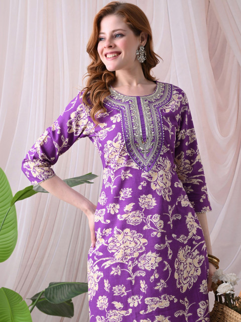 KJTRENDS Floral Printed Three Fourth Sleeves Cotton Kurta