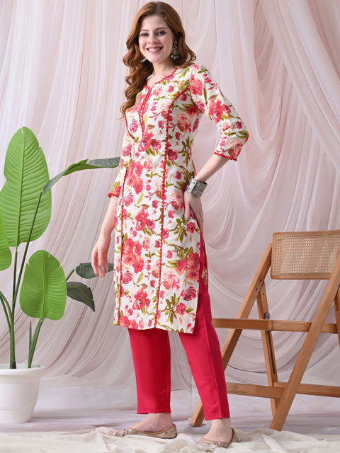 KJTRENDS Floral Printed Three Fourth Sleeves Cotton Kurta