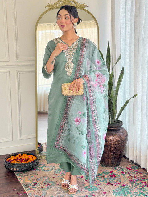 KALINI Women Embroidered Regular Kurta with Trousers & With Dupatta